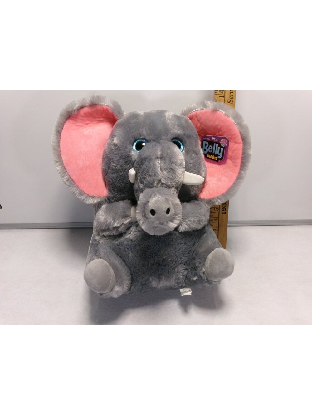 Belly Buddies Gray Elephant Plush Pink Ears Blue Eyes Nanco
